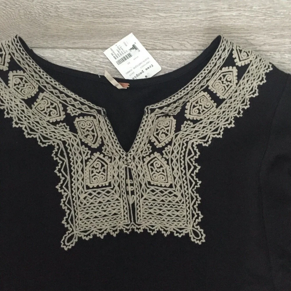 Free People Santa Maria Top Sweatshirt Embroidered Cotton 3/4 Sleeve Pullover XS